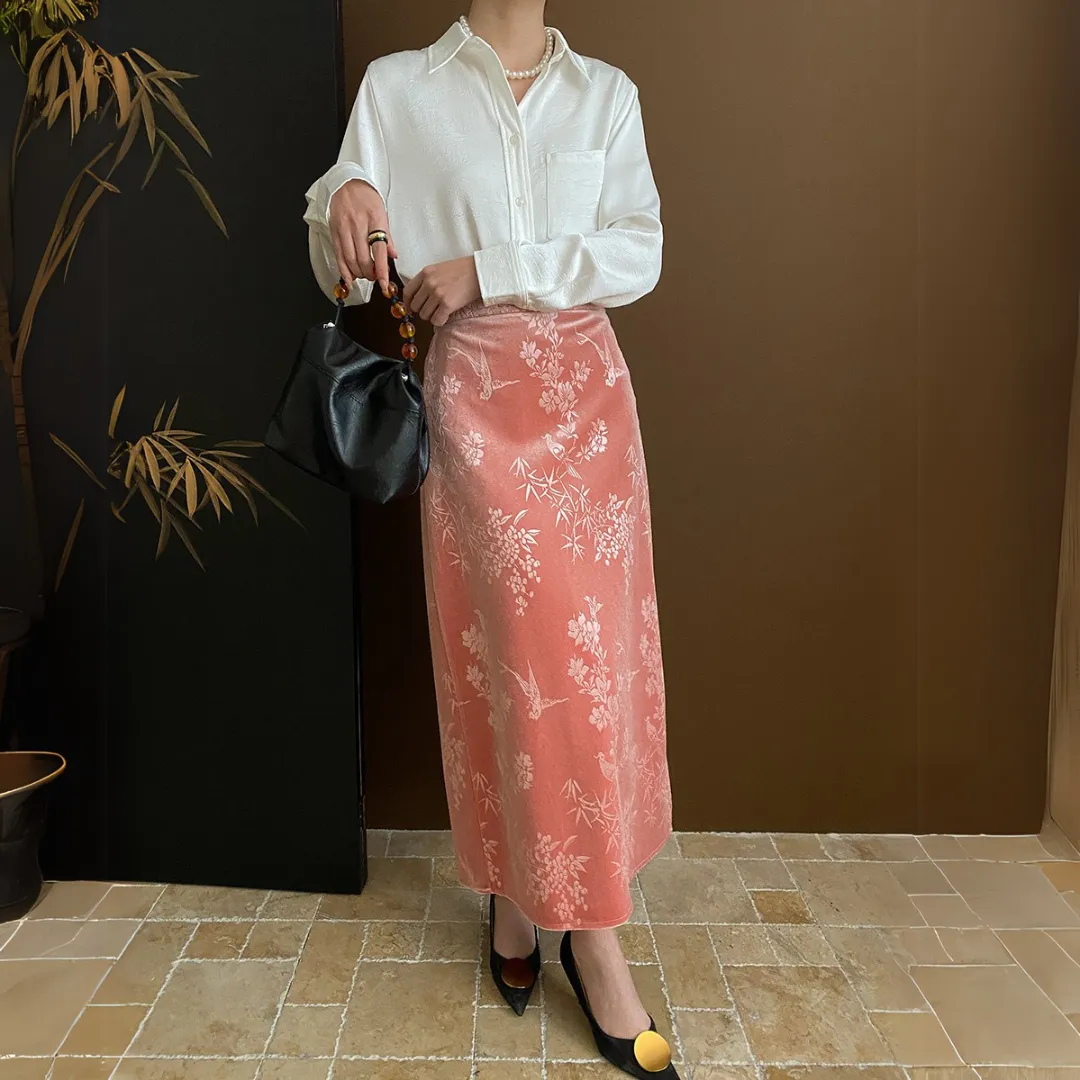 新中式提花丝绒直筒半身裙 Modern Chinese Jacquard Velvet Straight Midi Skirt