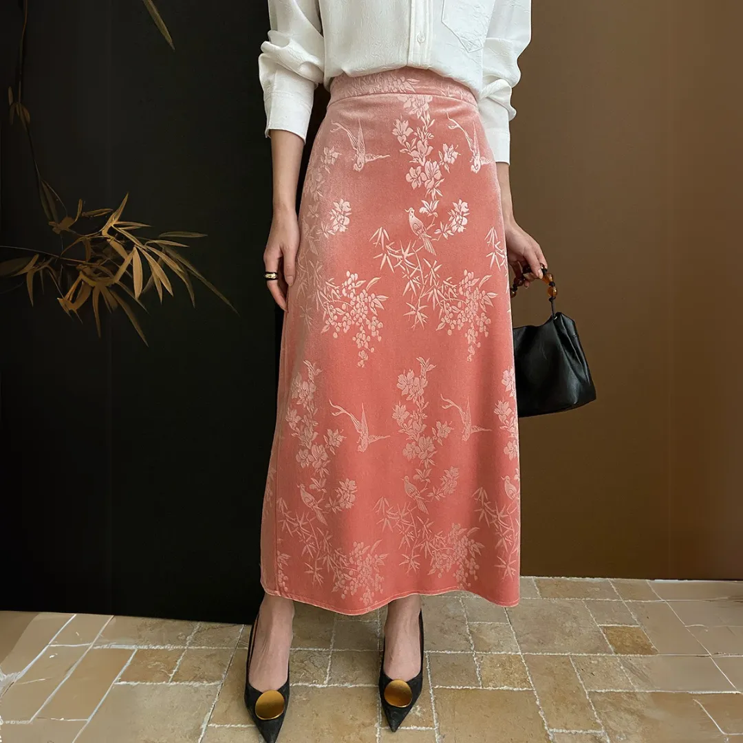 新中式提花丝绒直筒半身裙 Modern Chinese Jacquard Velvet Straight Midi Skirt