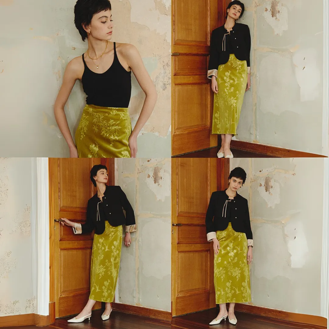 新中式提花丝绒直筒半身裙 Modern Chinese Jacquard Velvet Straight Midi Skirt
