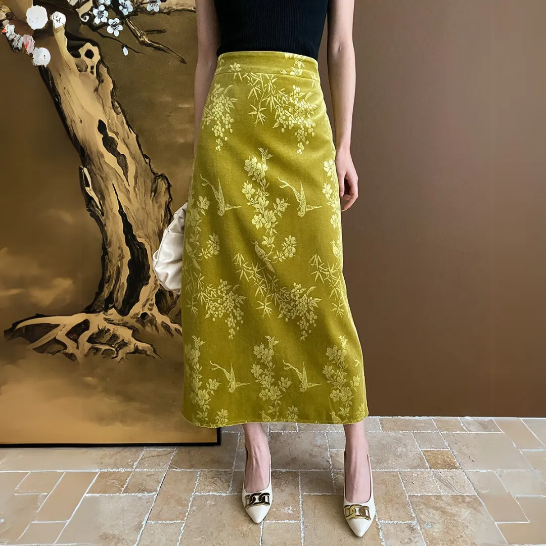 新中式提花丝绒直筒半身裙 Modern Chinese Jacquard Velvet Straight Midi Skirt