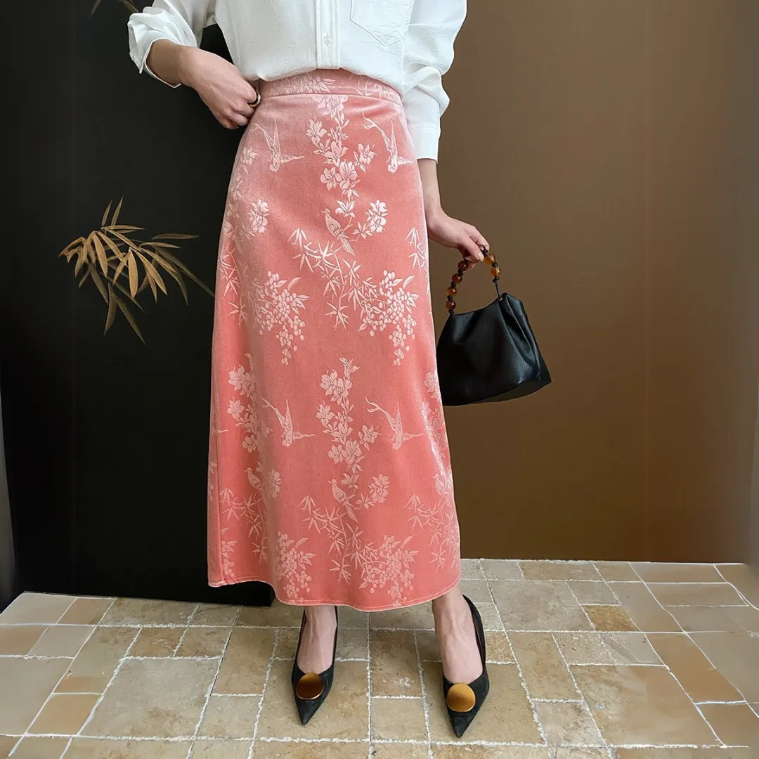 新中式提花丝绒直筒半身裙 Modern Chinese Jacquard Velvet Straight Midi Skirt
