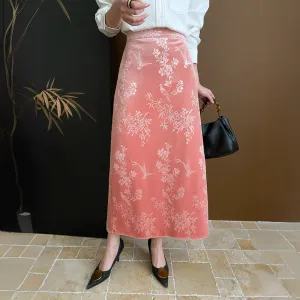 新中式提花丝绒直筒半身裙 Modern Chinese Jacquard Velvet Straight Midi Skirt