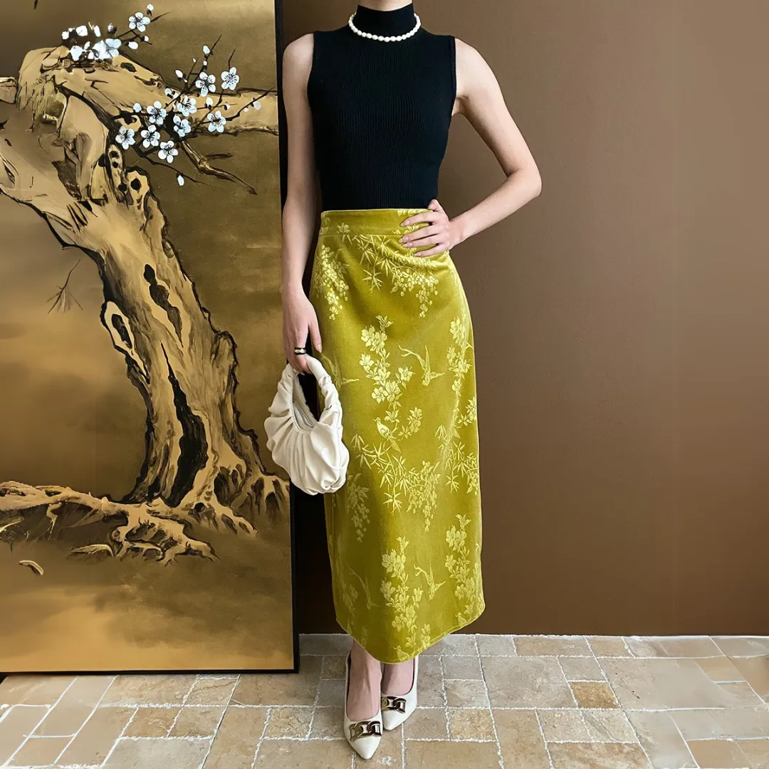 新中式提花丝绒直筒半身裙 Modern Chinese Jacquard Velvet Straight Midi Skirt