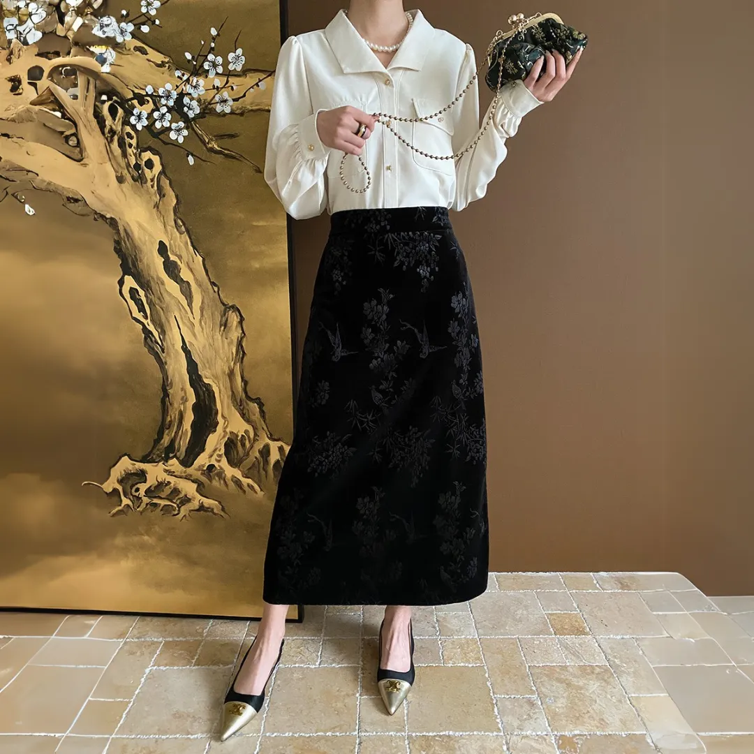 新中式提花丝绒直筒半身裙 Modern Chinese Jacquard Velvet Straight Midi Skirt