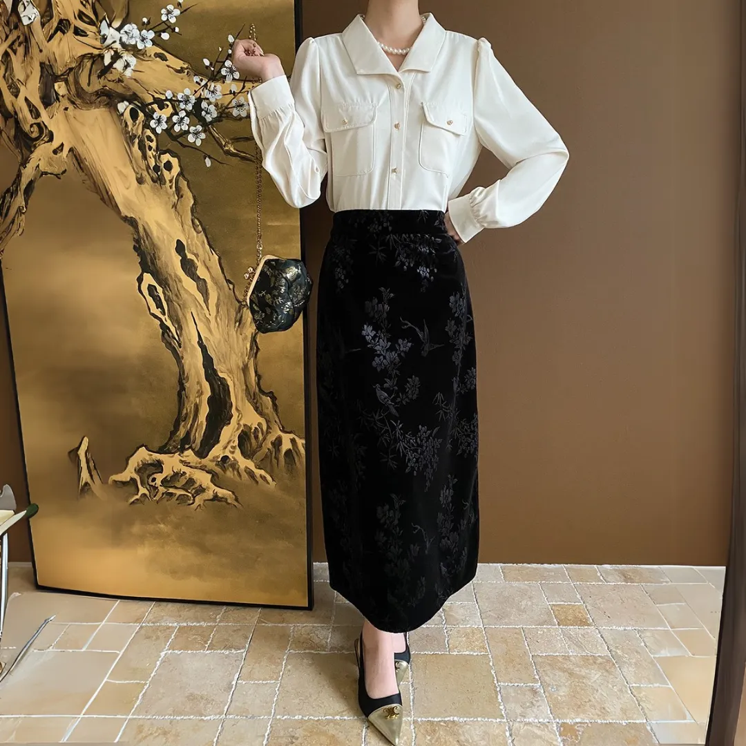 新中式提花丝绒直筒半身裙 Modern Chinese Jacquard Velvet Straight Midi Skirt