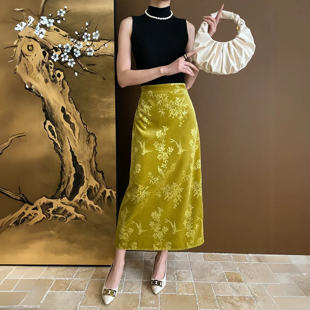 新中式提花丝绒直筒半身裙 Modern Chinese Jacquard Velvet Straight Midi Skirt