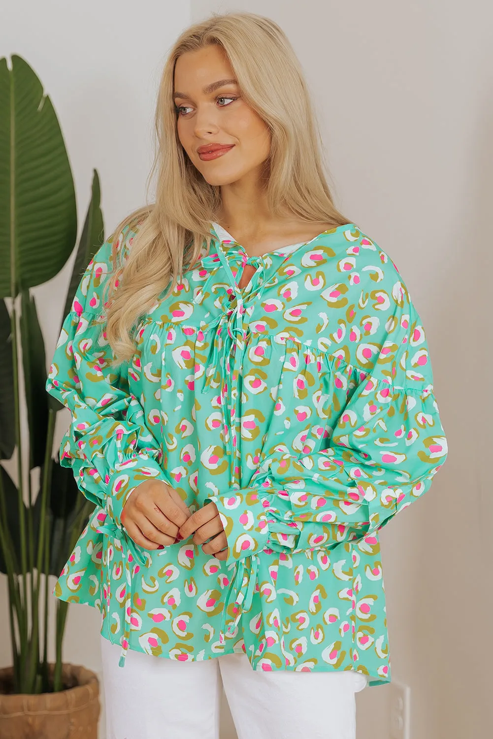 Abstract Lantern Sleeve Babydoll Blouse