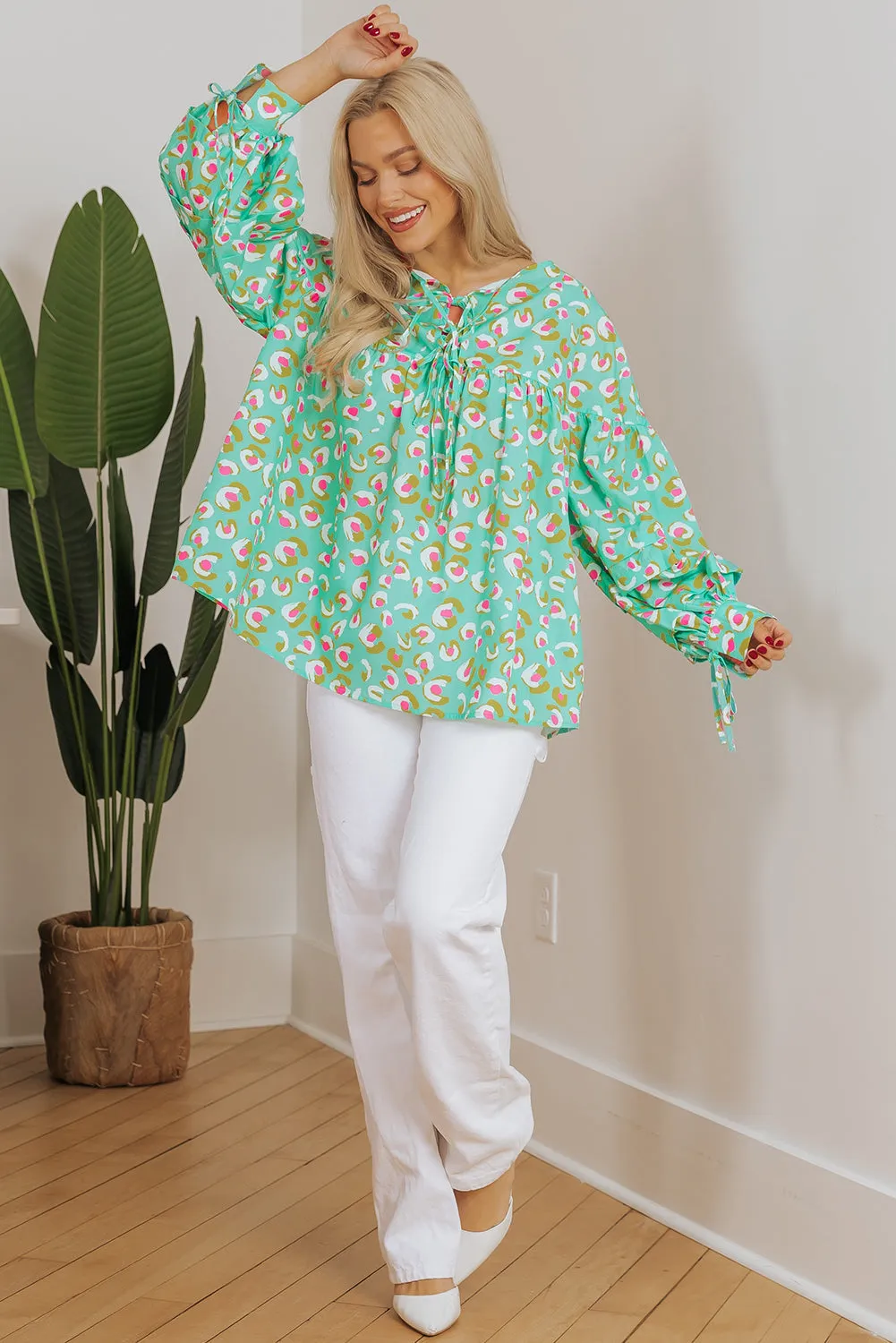 Abstract Lantern Sleeve Babydoll Blouse