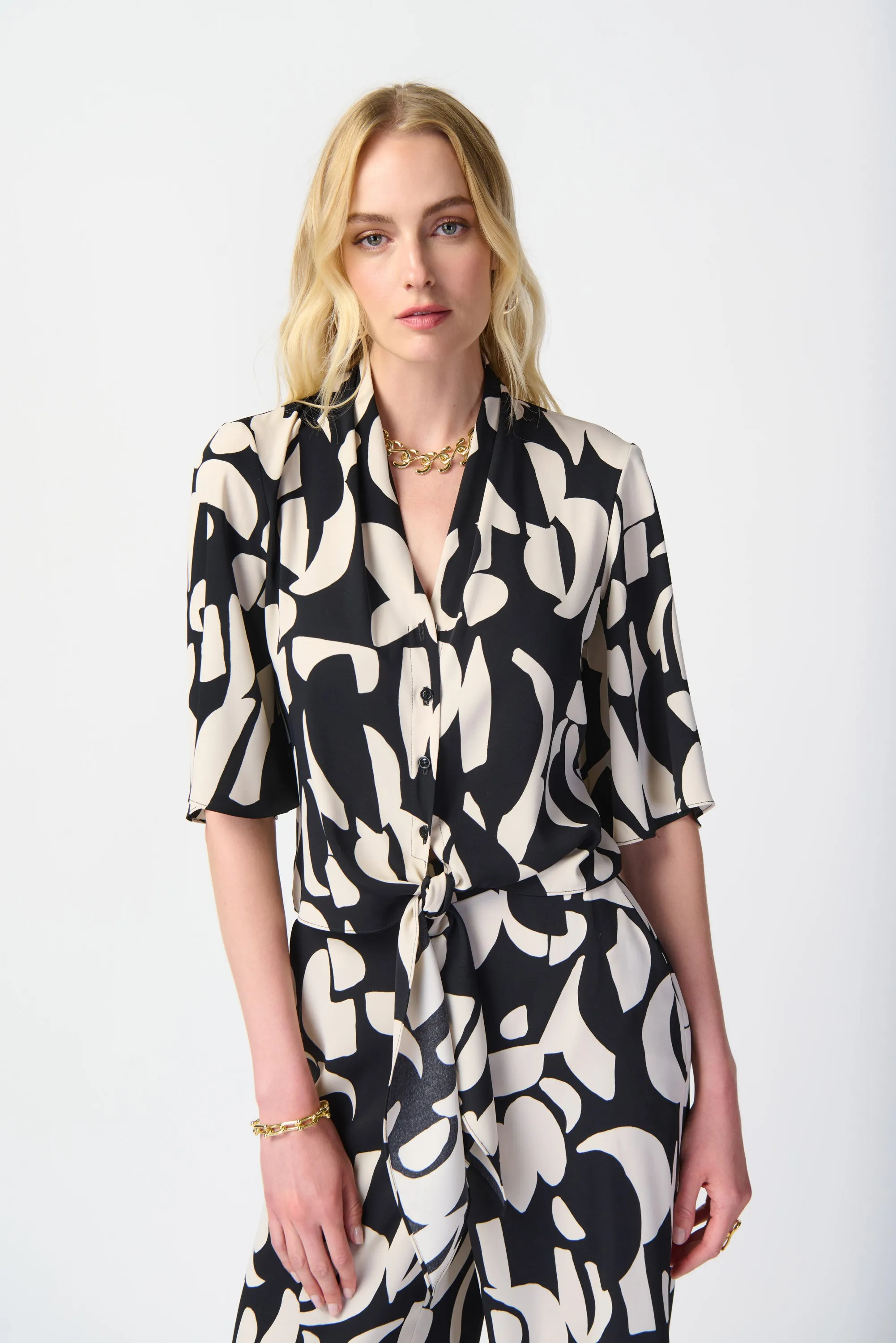Abstract Print Woven Front Tie Blouse