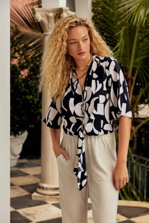 Abstract Print Woven Front Tie Blouse