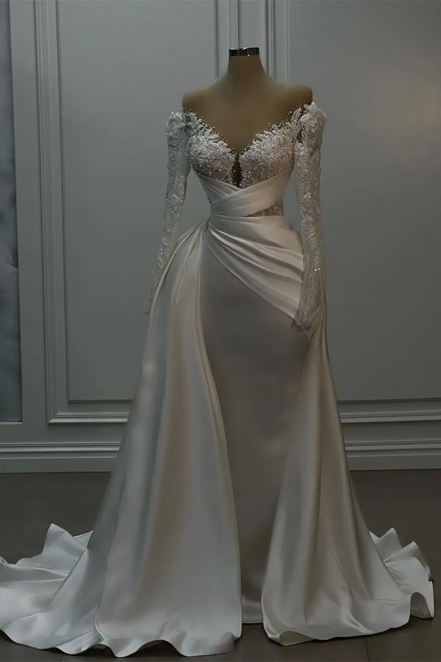 Beautiful Long White A-line Lace Satin Wedding Dress With Long Sleeves