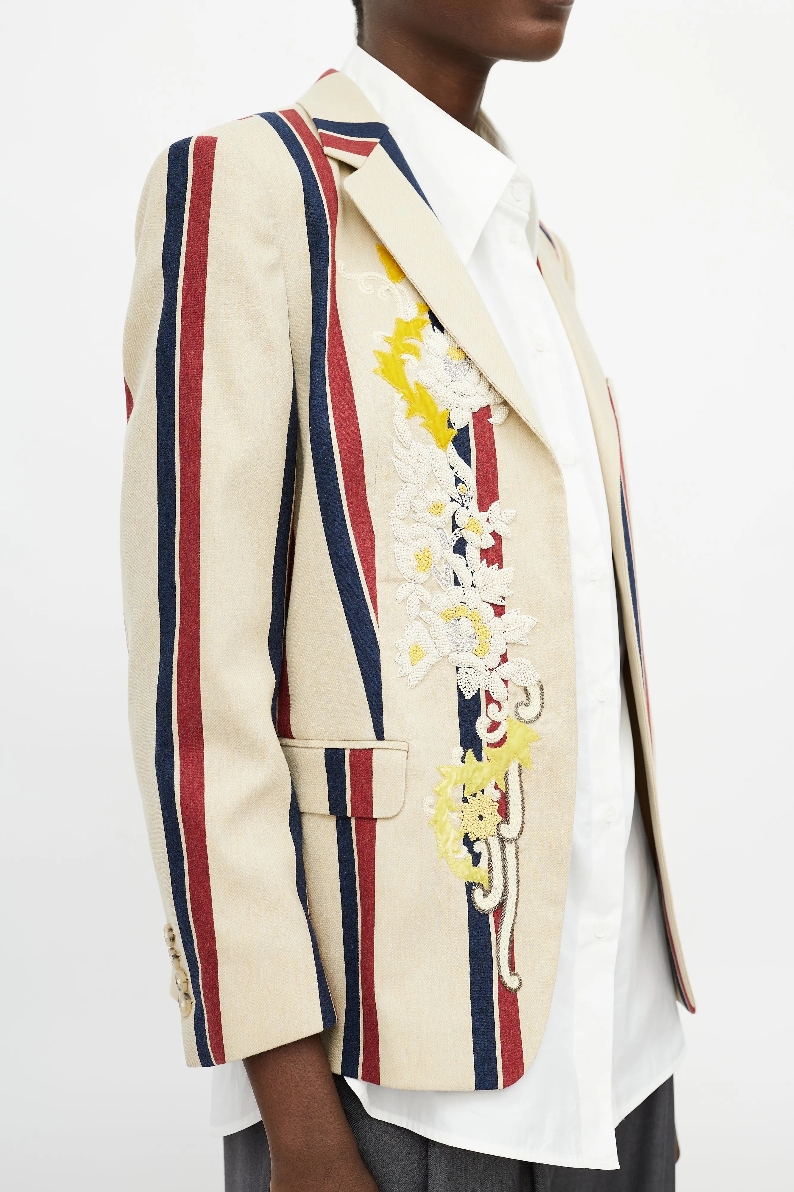 Beige & Multicolour Striped Beaded Blazer