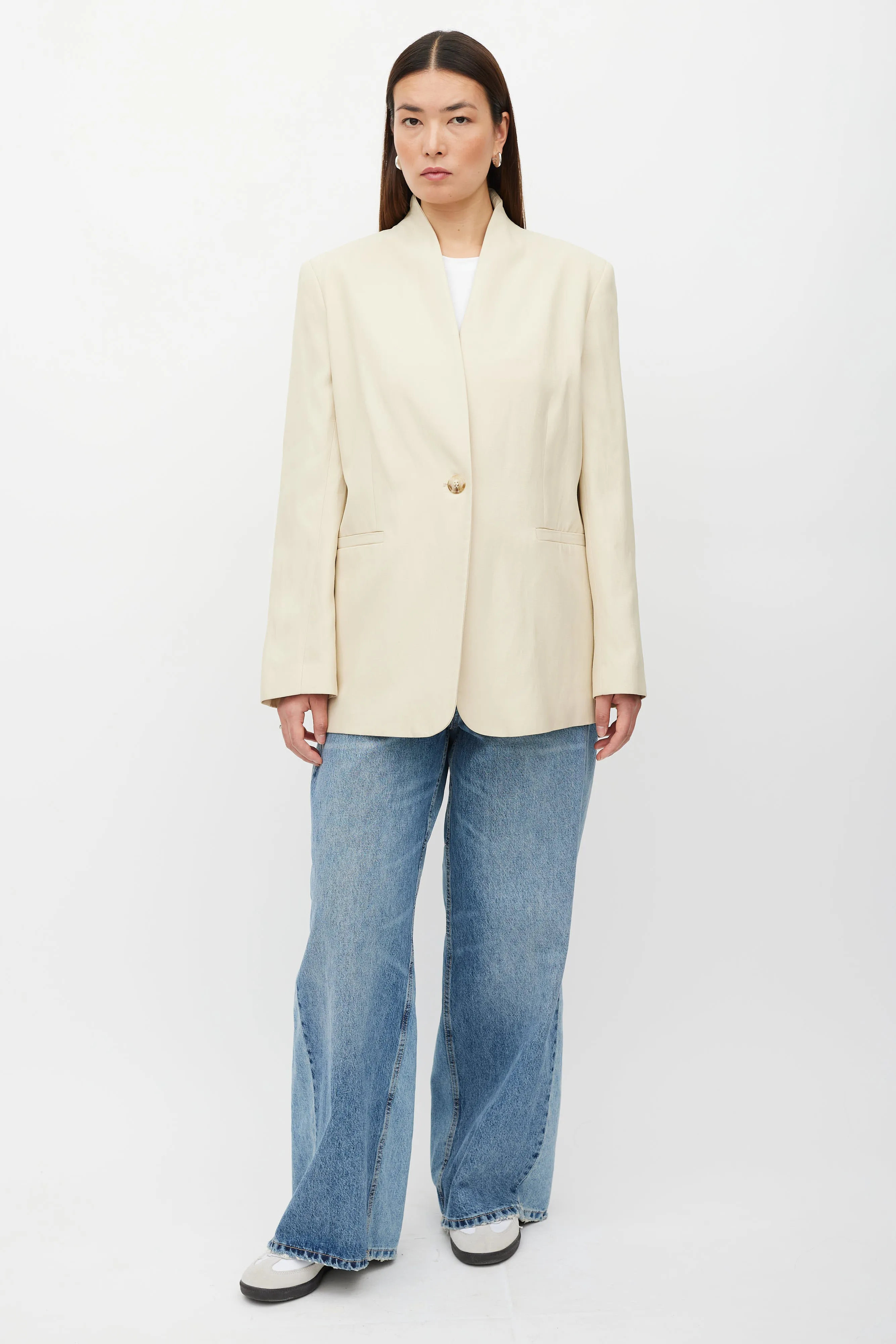 Beige Linen Blend Collarless Blazer