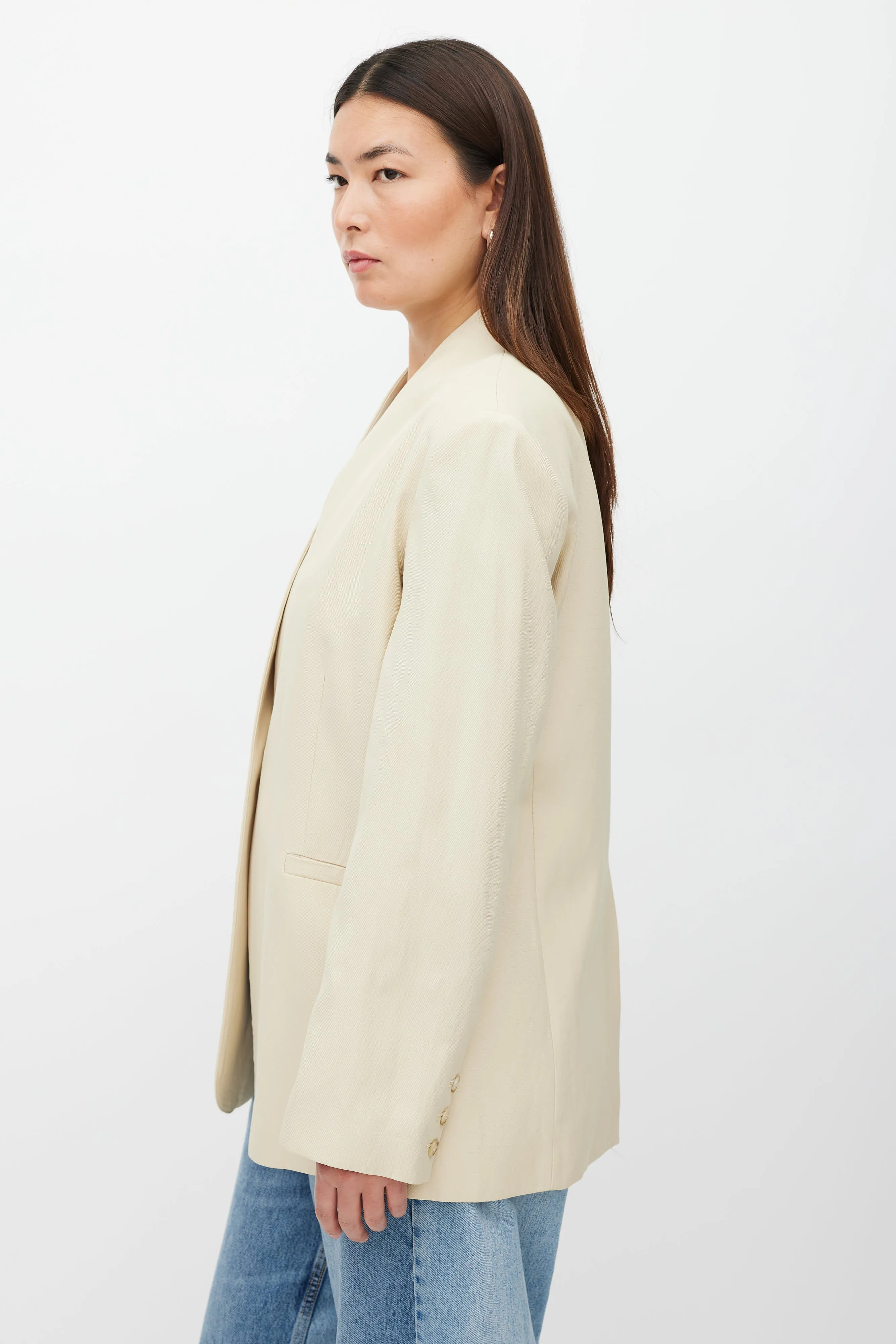 Beige Linen Blend Collarless Blazer