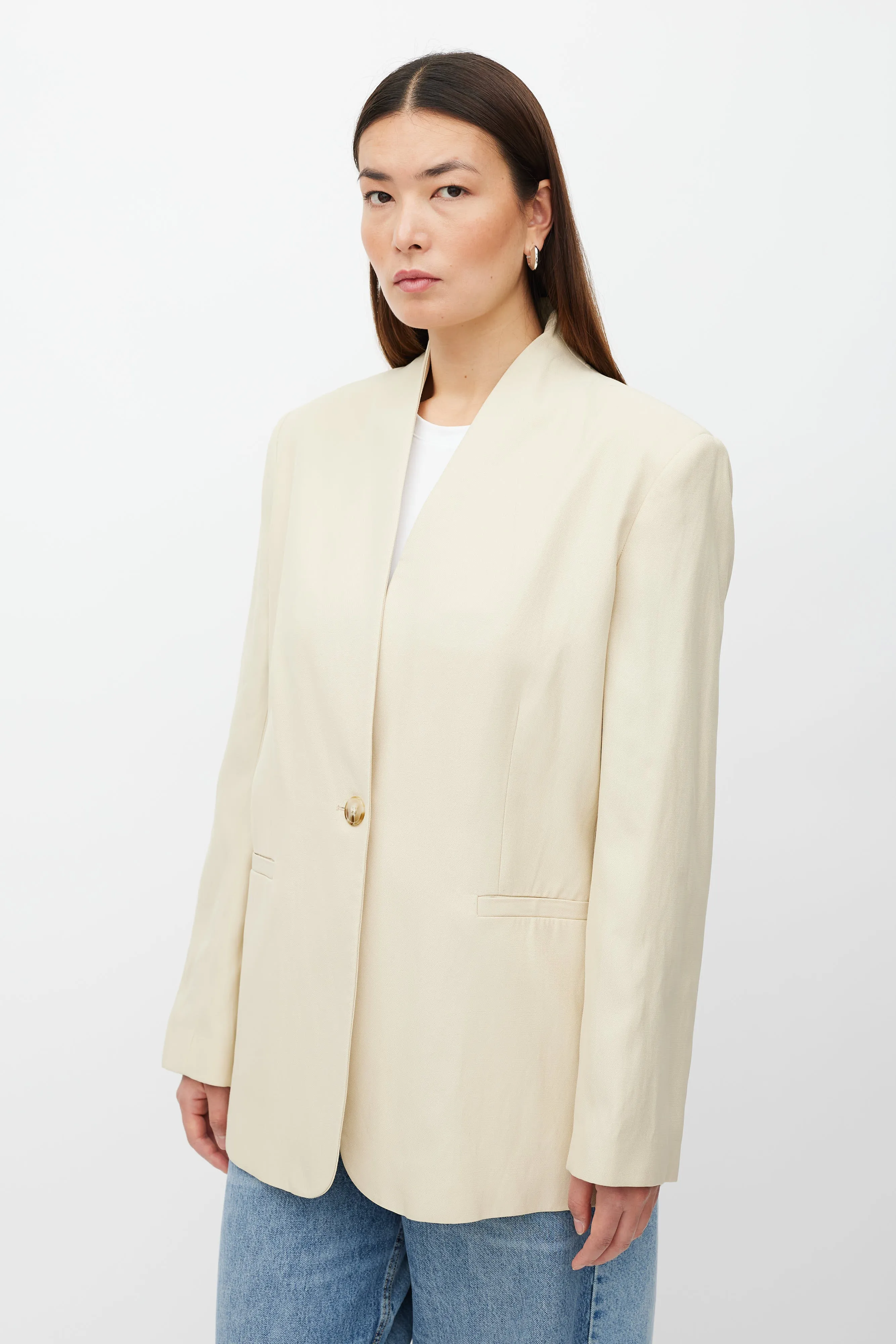 Beige Linen Blend Collarless Blazer