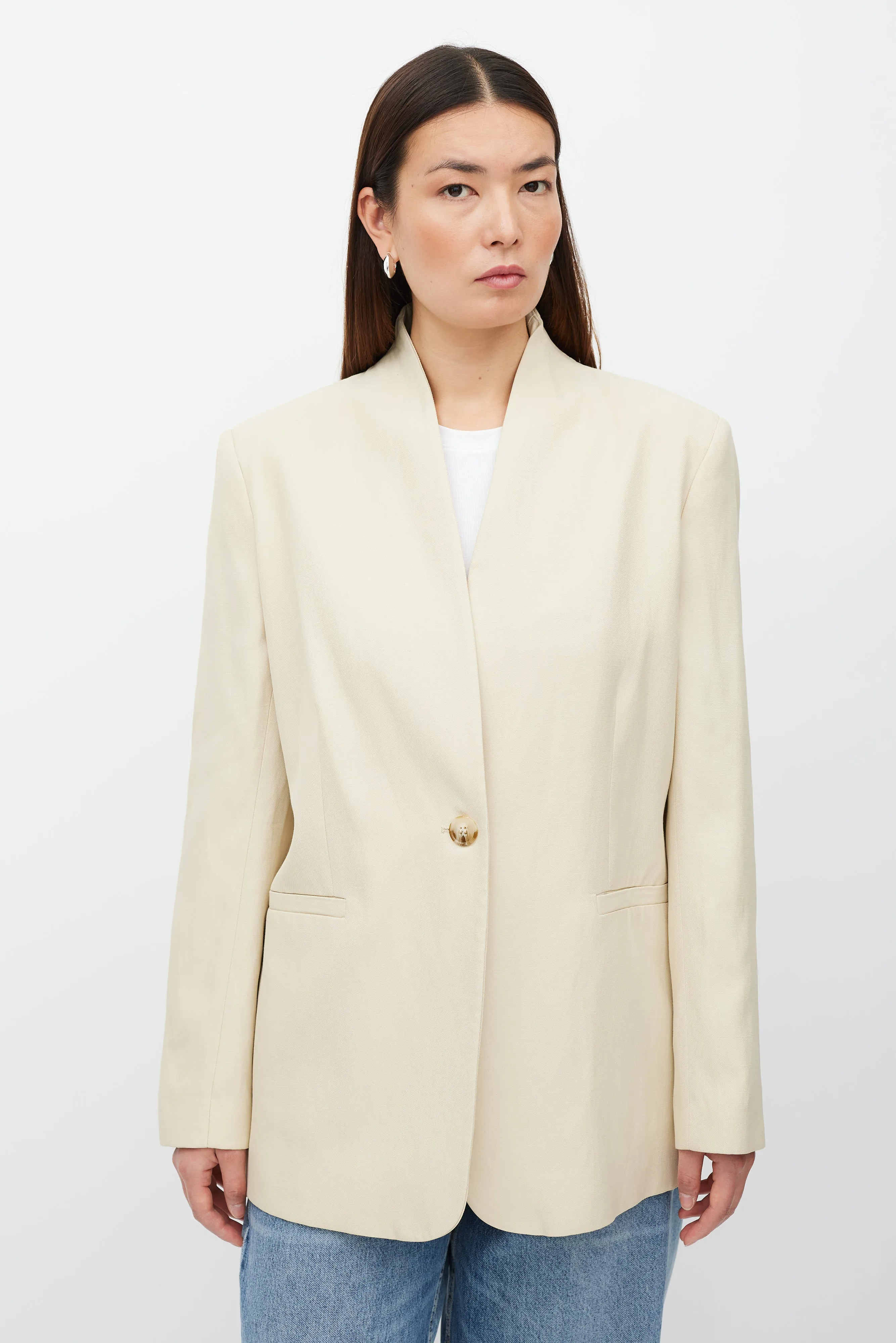 Beige Linen Blend Collarless Blazer