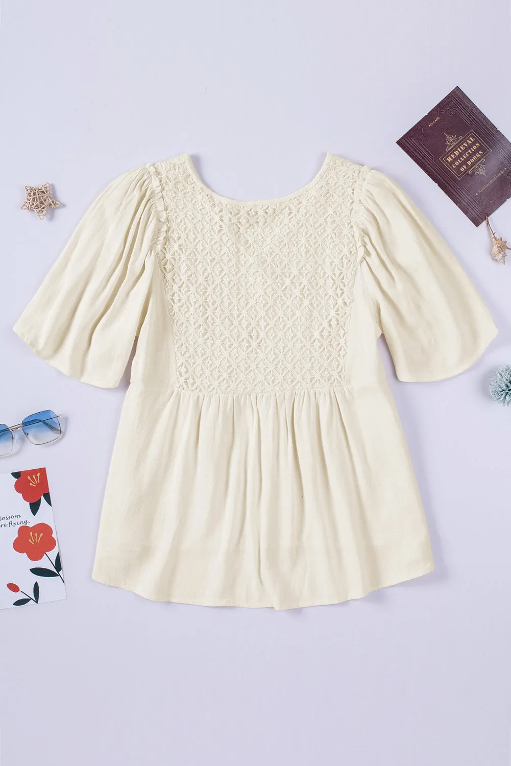 Beige V-Neck Crochet Detail Babydoll Top