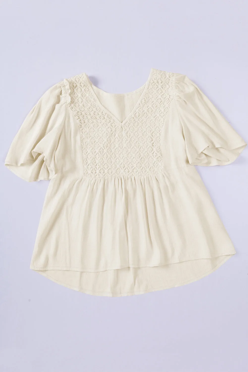 Beige V-Neck Crochet Detail Babydoll Top