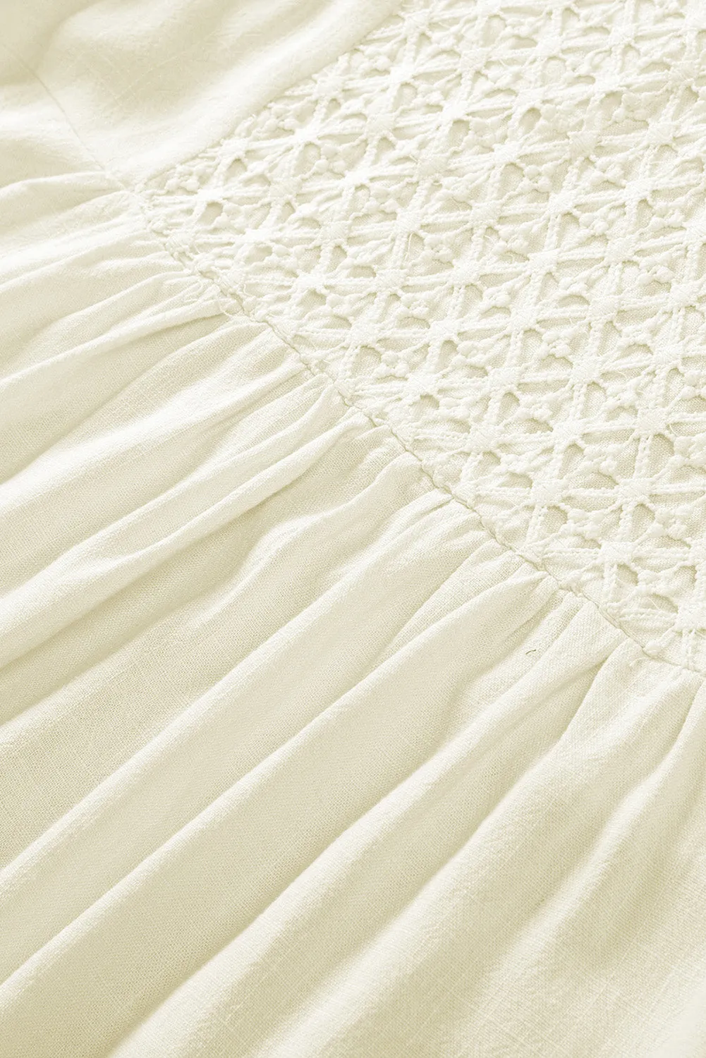 Beige V-Neck Crochet Detail Babydoll Top