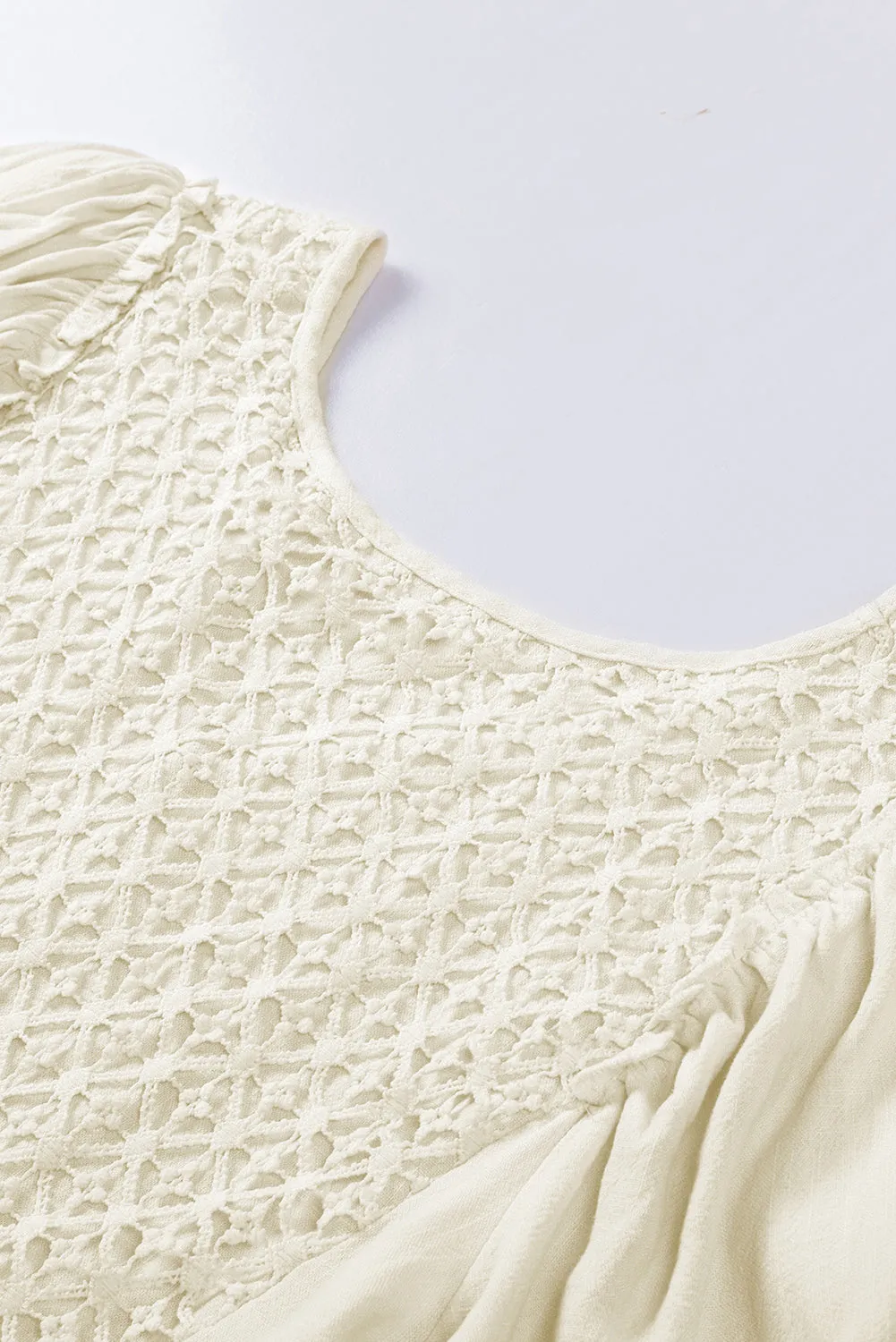 Beige V-Neck Crochet Detail Babydoll Top