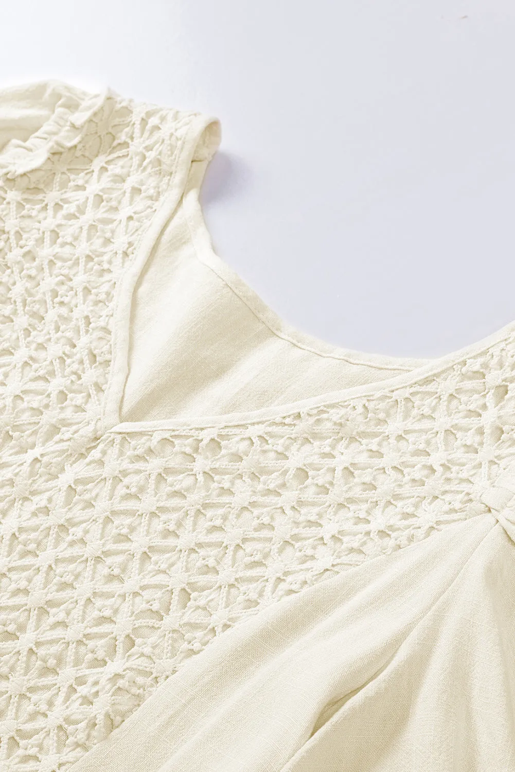 Beige V-Neck Crochet Detail Babydoll Top