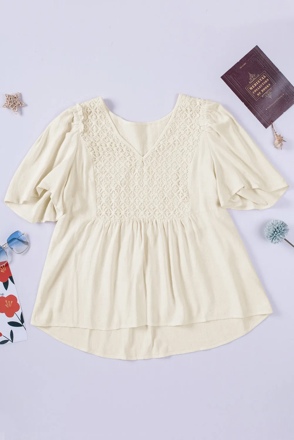 Beige V-Neck Crochet Detail Babydoll Top
