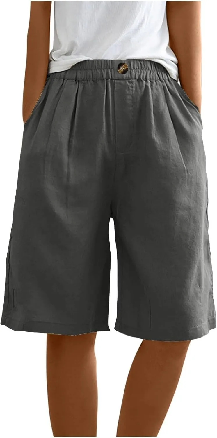 Bermuda Shorts for Women Summer Elastic Waist Long Beach Linen Shorts Comfy Wide Leg Trouser Short with Pockets