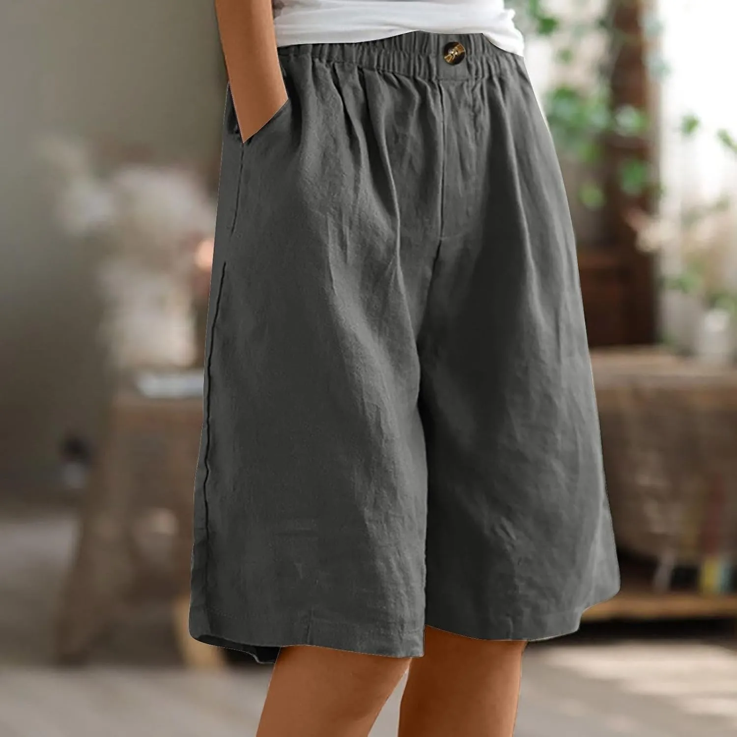 Bermuda Shorts for Women Summer Elastic Waist Long Beach Linen Shorts Comfy Wide Leg Trouser Short with Pockets