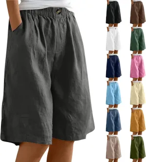 Bermuda Shorts for Women Summer Elastic Waist Long Beach Linen Shorts Comfy Wide Leg Trouser Short with Pockets