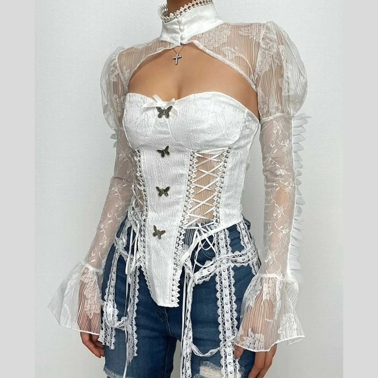 BerriesJam - Neck Butterfly Long Sleeve Button Lace Up Zip-Up Top