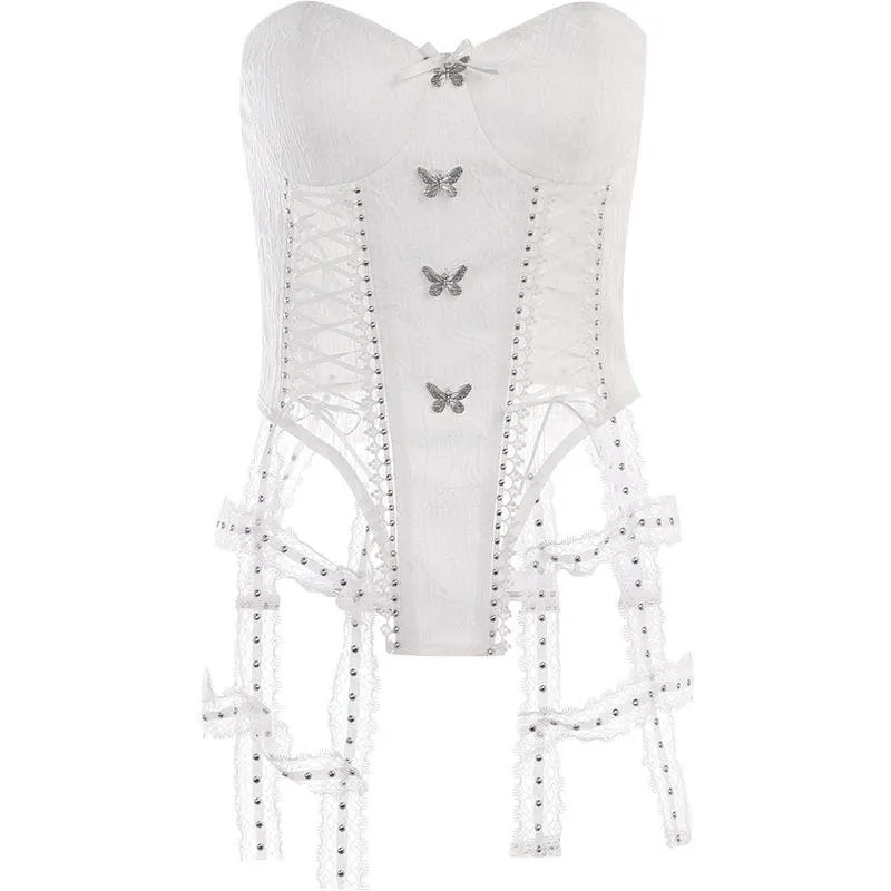 BerriesJam - Neck Butterfly Long Sleeve Button Lace Up Zip-Up Top