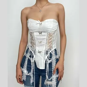 BerriesJam - Neck Butterfly Long Sleeve Button Lace Up Zip-Up Top