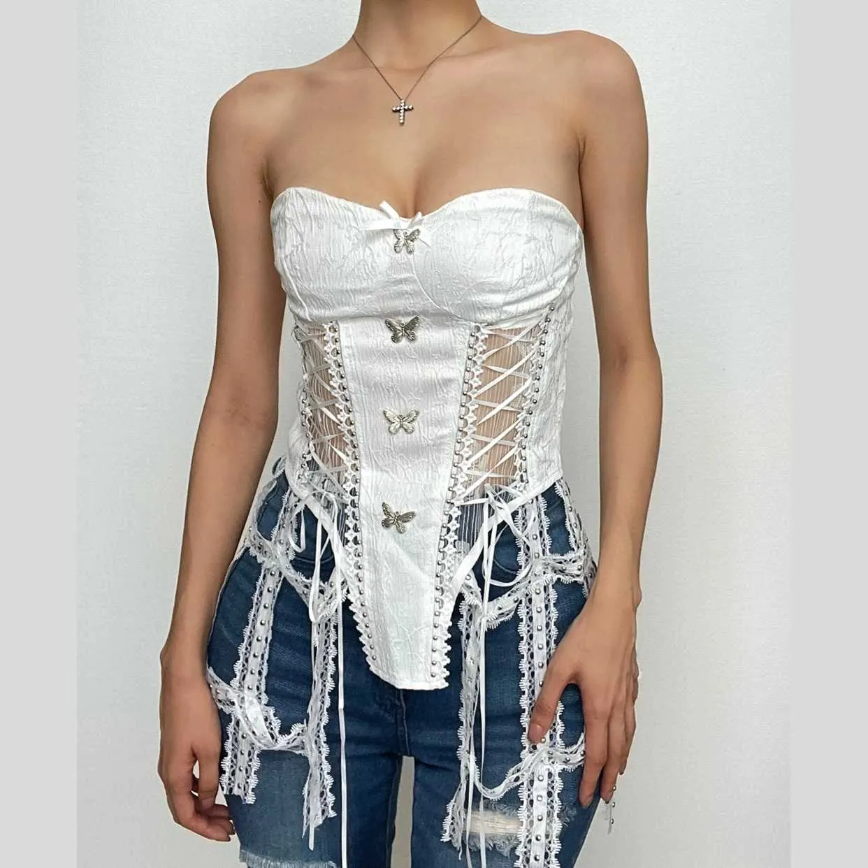 BerriesJam - Neck Butterfly Long Sleeve Button Lace Up Zip-Up Top