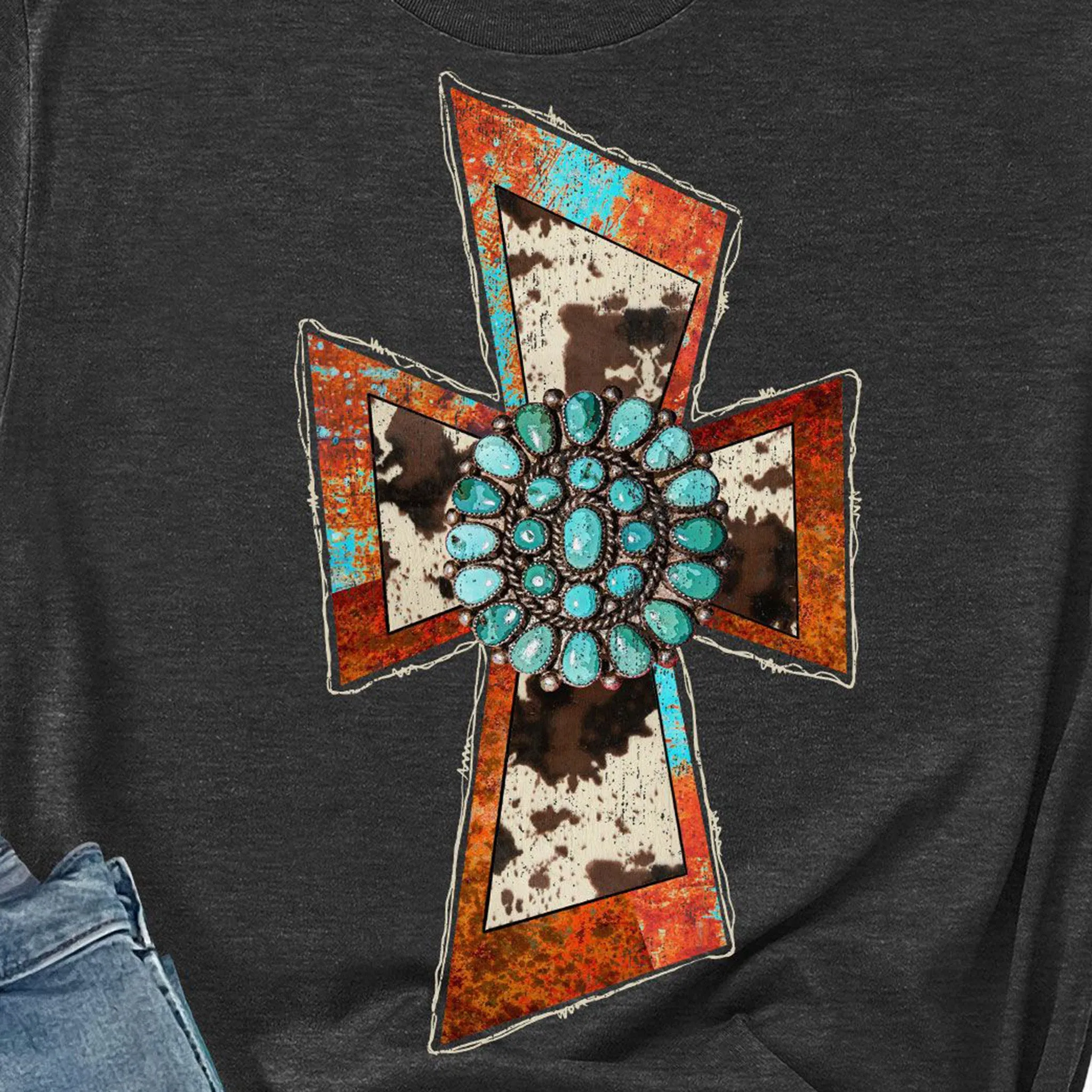 Black Acid Washed Cowprint Cross Tee