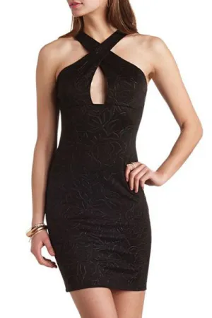 Black Rose Embossed Cross Neck Mini Bodycon Dress