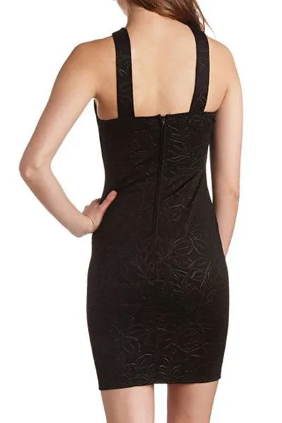 Black Rose Embossed Cross Neck Mini Bodycon Dress