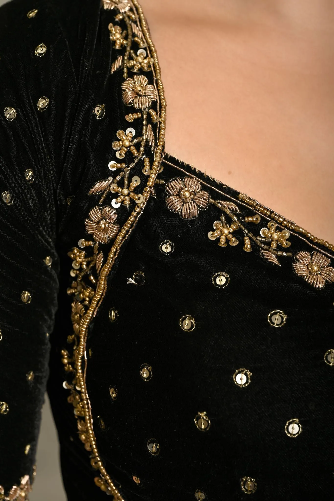 Black Zardosi Designer Backless Blouse In Velvet With Criss-Cross Tie-Up