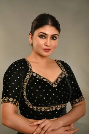 Black Zardosi Designer Backless Blouse In Velvet With Criss-Cross Tie-Up