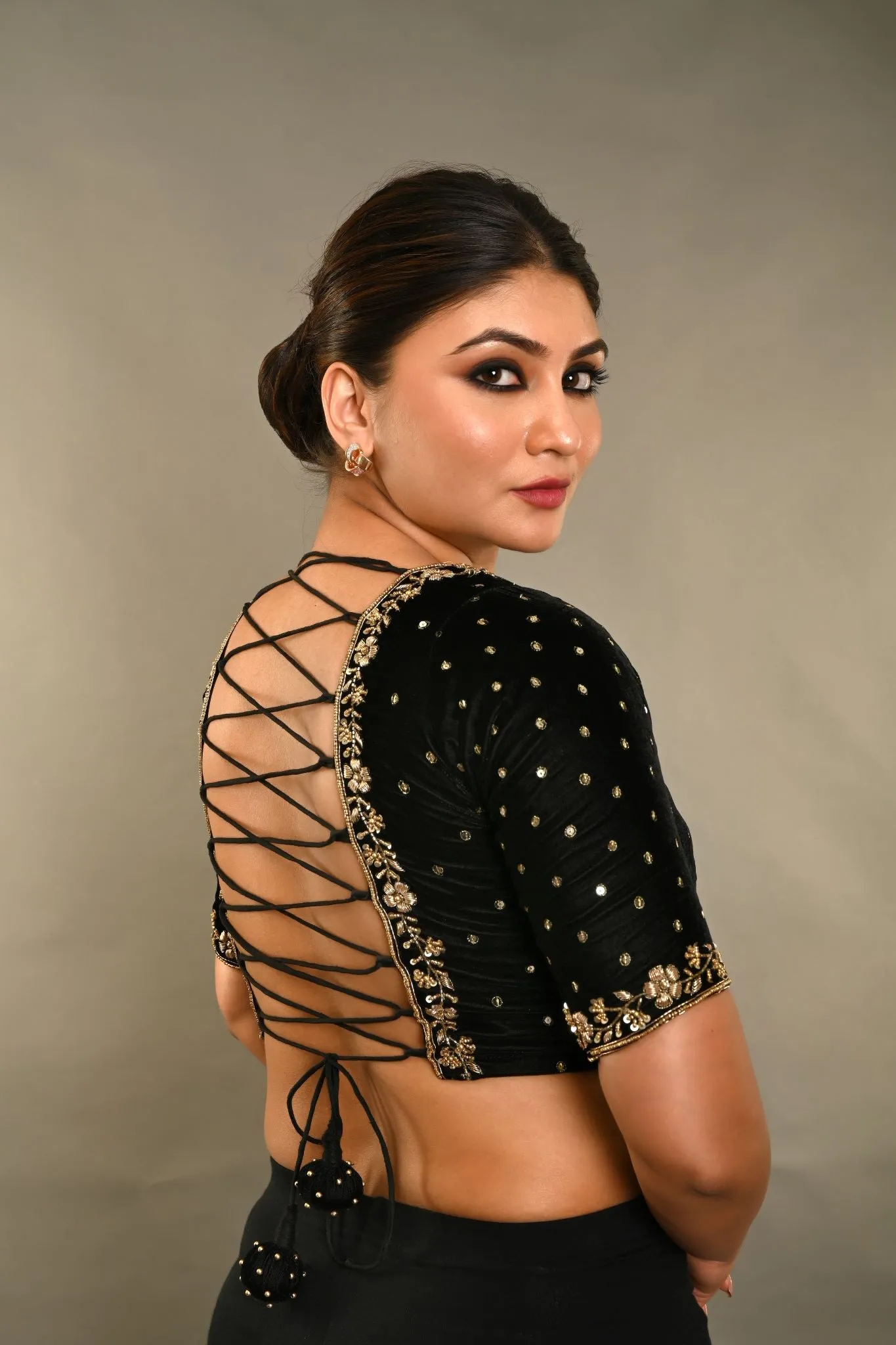 Black Zardosi Designer Backless Blouse In Velvet With Criss-Cross Tie-Up