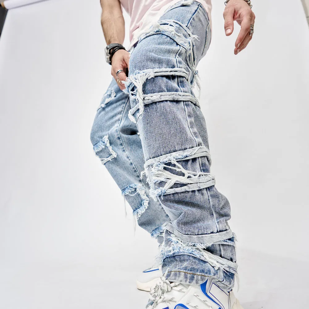 Blavra Men's Boyfriend Street Denim Raw Edge High Street Jeans