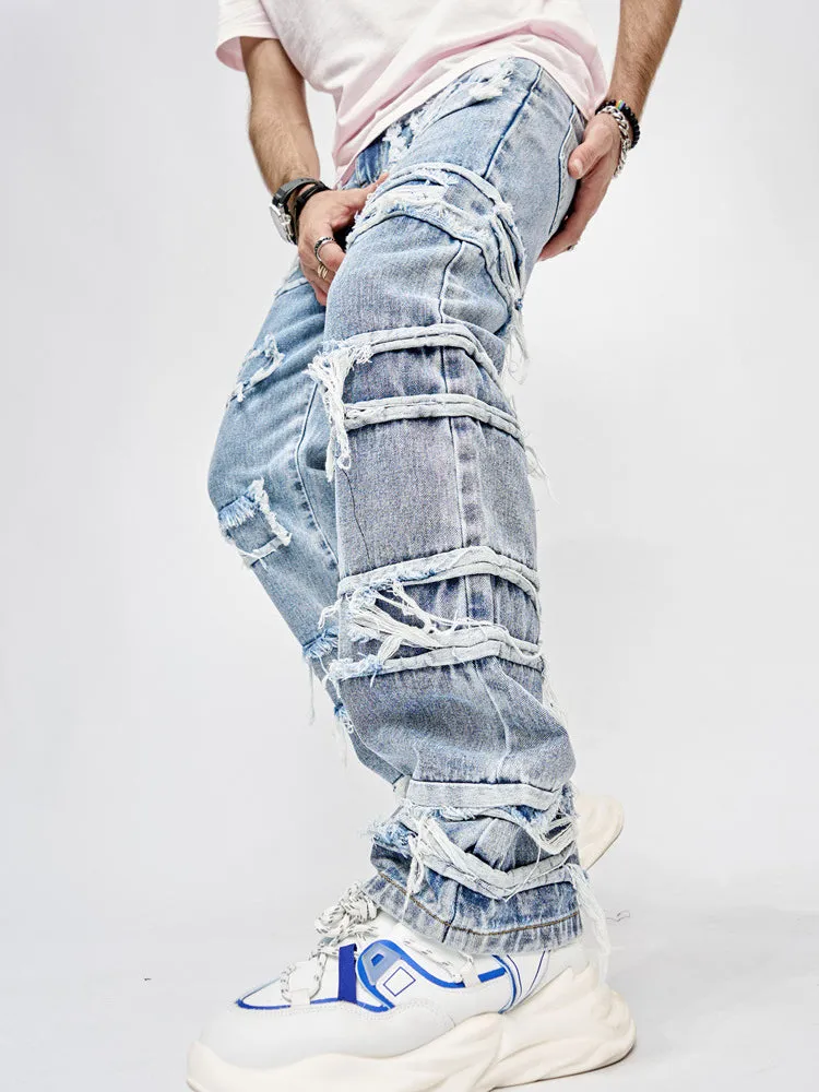Blavra Men's Boyfriend Street Denim Raw Edge High Street Jeans