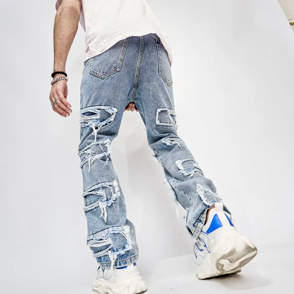 Blavra Men's Boyfriend Street Denim Raw Edge High Street Jeans