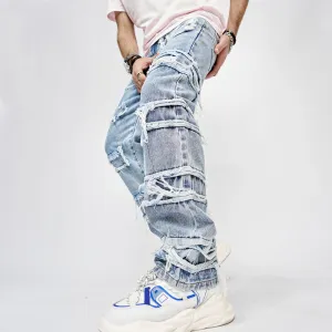 Blavra Men's Boyfriend Street Denim Raw Edge High Street Jeans