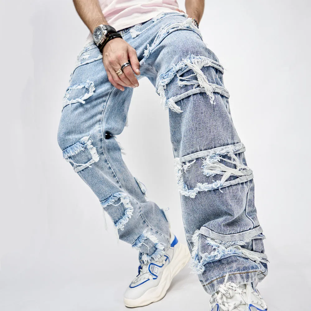 Blavra Men's Boyfriend Street Denim Raw Edge High Street Jeans