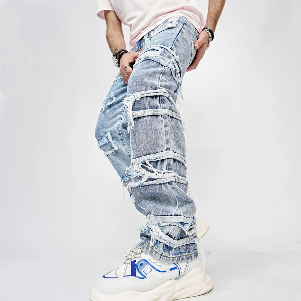 Blavra Men's Boyfriend Street Denim Raw Edge High Street Jeans
