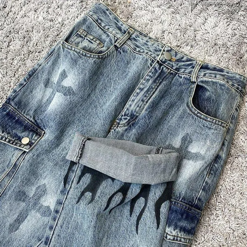 Blavra Men's Vintage Wash Cross Cargo Boyfriend Street Jeans