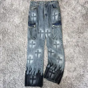 Blavra Men's Vintage Wash Cross Cargo Boyfriend Street Jeans