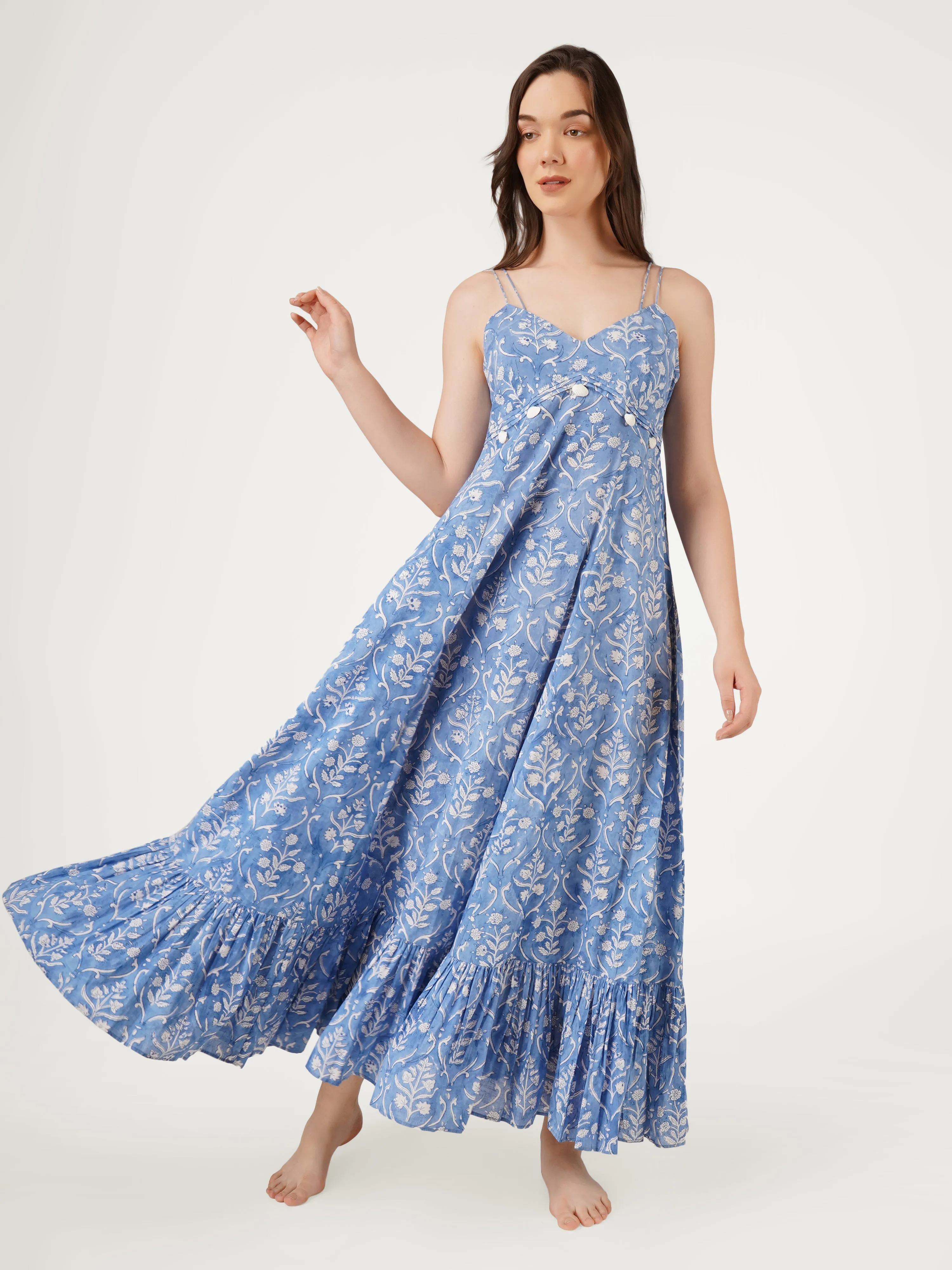Blue Cotton Strappy Maxi Dress