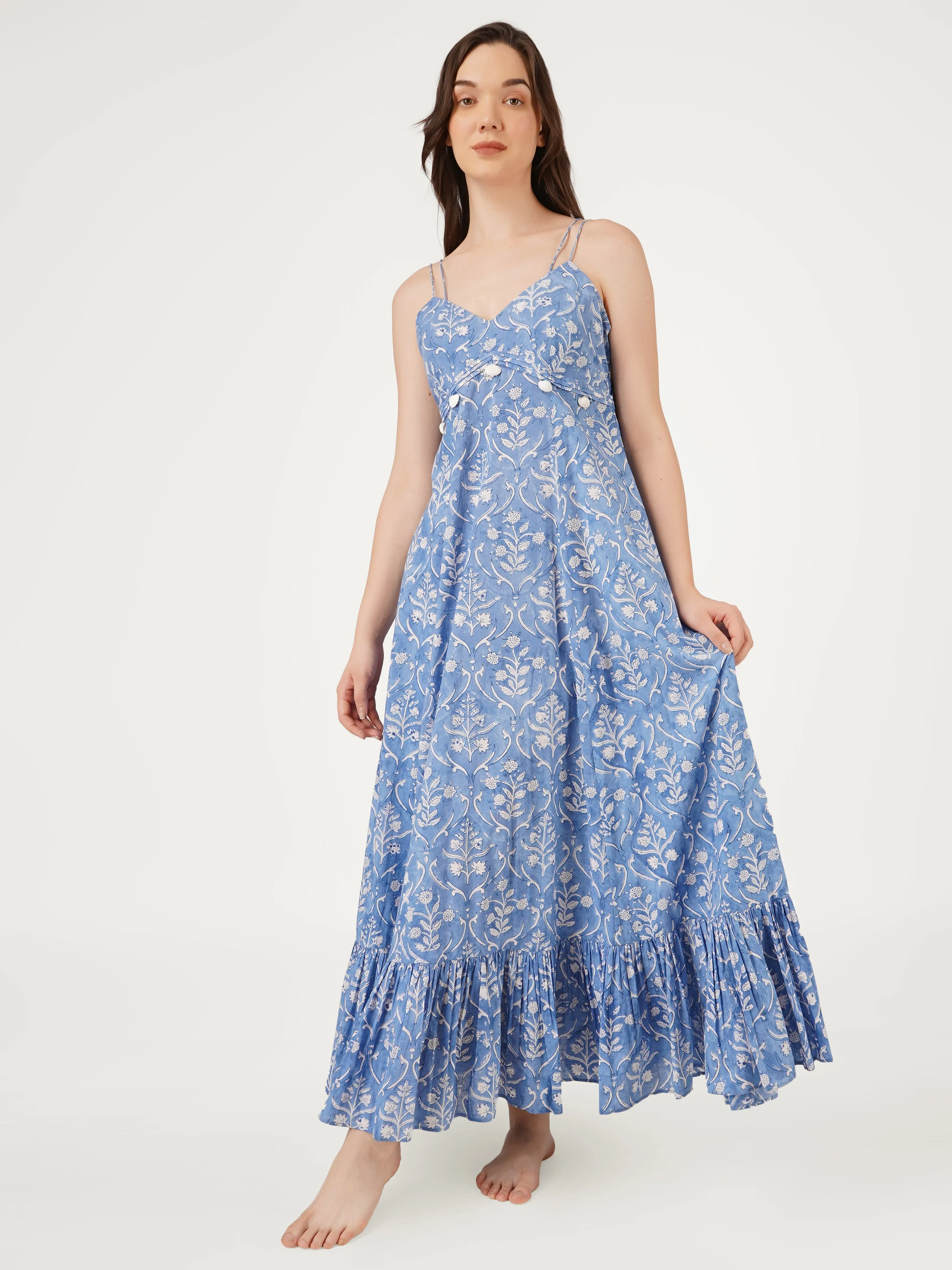 Blue Cotton Strappy Maxi Dress
