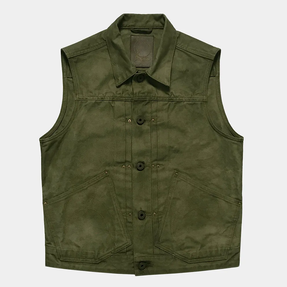 BZEN M.3127-THE CUT REGULAR FIT 2 POCKET BIKER'S VEST-12.5oz-CANVAS-E0 MOSS GREEN